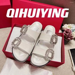 Pantoufles Qihuiying fait à la main en cuir véritable ceinture-boucle à bout ouvert semelle épaisse femme cristal Decora Mules diapositives plage Botas Mujer