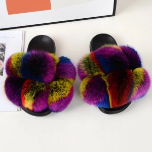 Slippers Real Fur Slippers Femme Summer Fox Fur Fourn Feme Feme Fluffy Flips Furry Chaussures avec Pom Pom House Sandales de fourrure naturelle 2021