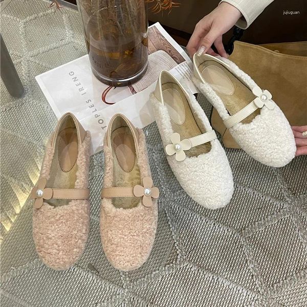 Slippers Real Wool Mary Jane Ballet Flats Chaussures pour femmes Sweet Pink confortable Colonté Toe rond pour les femmes Pompes Coucle Fleur Boucle