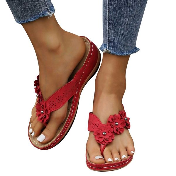 Zapatillas rojas para mujer, zapatos con tapa de verano, sandalias de cuña romanas informales bohemias, plataforma para mujer, deslizador decorativo H240328