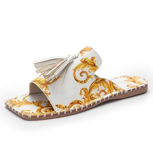 Slippers retro stijl totem franje decor square teen plat met dames slippers dames zomer sandalen comfortabel buiten glijbanen schoenen 37-42 g230328