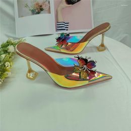 Pantoufles strass arc fleur dame chaussures à talons hauts pointe conception transparente verre à vin talon mode fête