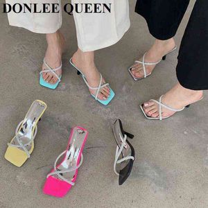 Slippels Rhinestone Slippers Women Fashion Hoge Heels Slides Crystal Sandal Brand Mule Elegant Party Dress Bling Shoes Zapatillas Mujer 220307