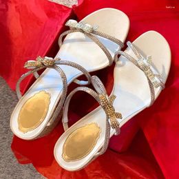 Pantofole Punta Rotonda Sandali da donna con fiocco in cristallo Moda per esterni Scarpe con tacco quadrato Scarpe estive da donna Slingback Zapatos Mujer