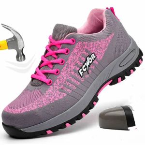 Slippels Veiligheidsschoenen voor dames stalen teen werk sneakers lekkers werkschoenen lichtgewicht werk laarzen dames dames vrouwelijk roze klein formaat