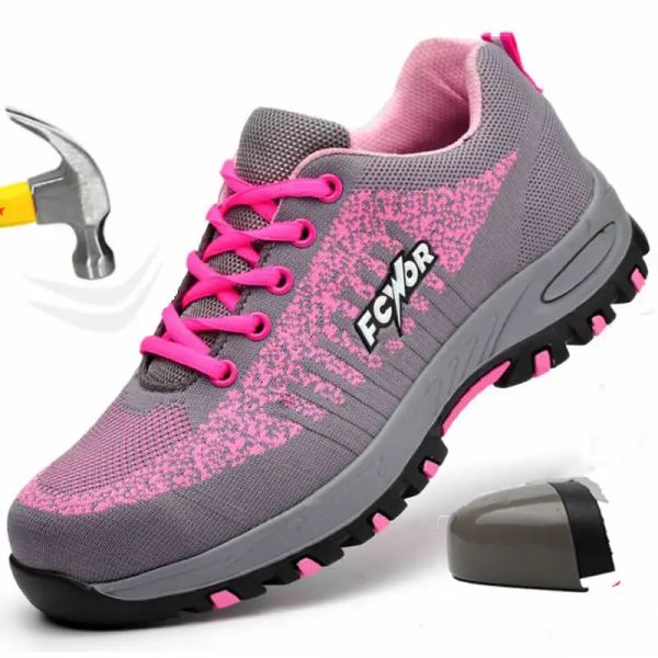 Zapatillas zapatillas de seguridad para mujeres de punta de acero zapatillas zapatillas de trabajo de punción zapatos de trabajo livianos damas damas hembra rosa pequeña tamaño