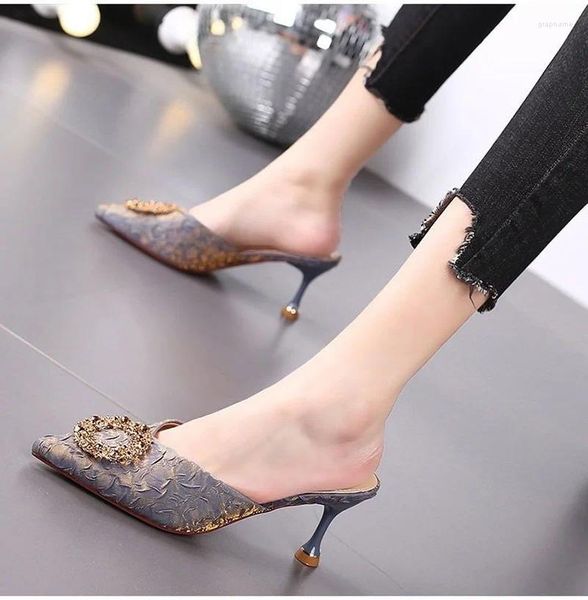 Pantoufles Sandales Femme Élégante Chaussures À Talons Pour Femmes 2024 Designer Été Strass Talons Hauts Violet Mode Argent Noir