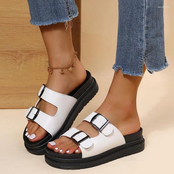 Zapatillas sandalias de mujeres zapatos de roma británico de estilo británico cómoda de cuero suave sandalias sandalias hebillas de metal slipper plataforma plana