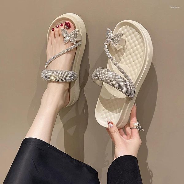 Pantoufles Sandales Femmes 2023 D'été Plat Doux Papillon Décontracté Chaussures De Plage Brillant Strass Zapatos De Mujer