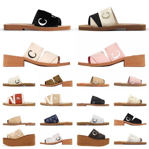 Zapatillas Sandalias para mujer Mulas famosas Flat Woody Slides Negro Blanco Rosa Beige Encaje Lona Sliders Zapatos de playa de verano Cholees House Coach Sandels