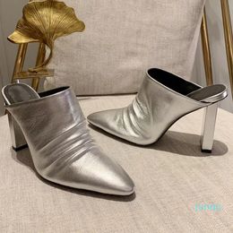 slippers satijn opvouwbare schoenen met hoge hakken kristal verfraaiing avondschoenen 9,5 cm vierkante sandalen met hoge hakken vrouwelijk leer luxe designer enkelbandje
