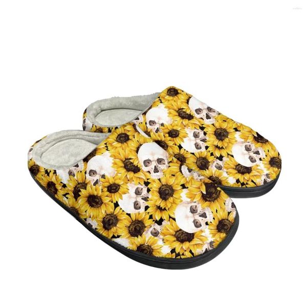 Pantoufles effrayantes de tournesol du skull motif femmes hommes hommes d'automne d'hiver coton pantouple extérieur extérieur imprimé en peluche non glipt à la demande