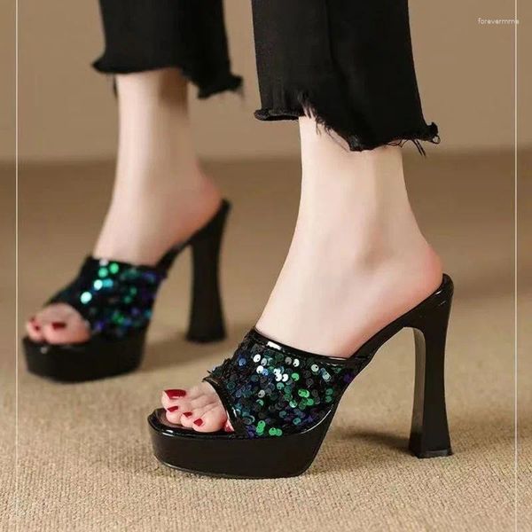 Slippers Sequins Sandale à talons hauts plate-forme d'été carrée Toe Femme Chaussures Femme 11 cm d'épaisseur