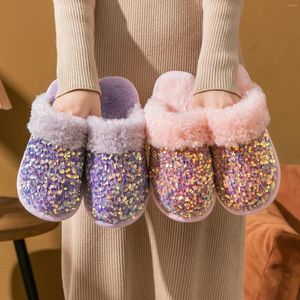 Slippers Pailletten Pluche Slipper Voor Vrouwen Meisjes Mode Kawaii Pluizige Winter Warme Vrouw Huis Katoen Dames Bling Schoenen