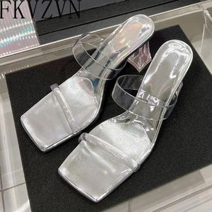 Slippers Sexy Clear High Heels One Belt Open Toe Sandals Fashion Slip on Party Chaussures Silver Jelly PVC For Women