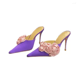 Pantoufles de fleur sexy fleur satin haut talon piste mule femme pantoufle sandale violette rose fête de mariage chaussure de chaussures mariée