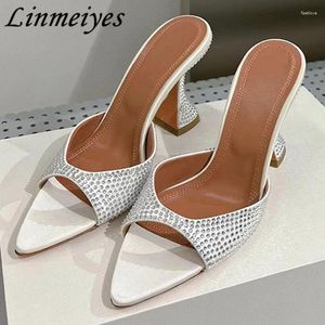 Slippers Sexy High Heels Femmes Satin Rignestone Party Chaussures pointues Peep Tee Mules Summer Slideslady Cup Femme