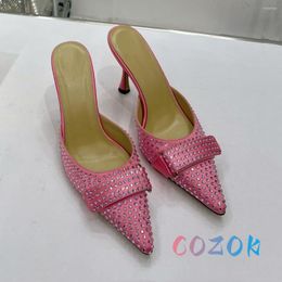 Pantoufles Sexy rose soie bout pointu cristal crochet boucle ceinture à talons hauts été femmes chaussures de fête grande taille marque Mules