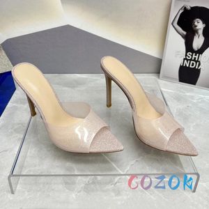 Zapatillas Sexy PVC Clear Glitter Film Toe Toe High Heel Leather Women Mulas Shoes Summer Street Lady Club