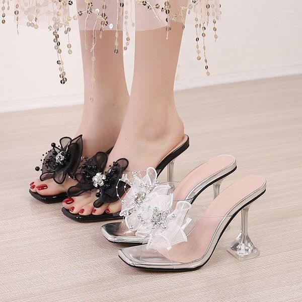 Zapatillas sexis transparentes de PVC para mujer, sandalias de tacón alto de verano, zapatillas de lujo con lazo de cristal y punta cuadrada, zapatos de fiesta plateados para mujer