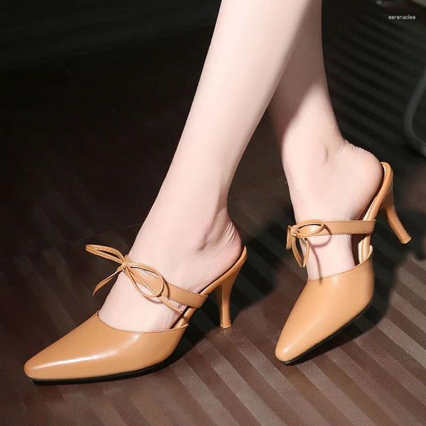 Zapatillas Sandalias De Tiras De Cuero Con Punta Puntiaguda Y Tacón Fino Arco Hueco Sexy Transpirable Estilo Simple Tacones Altos Multiusos