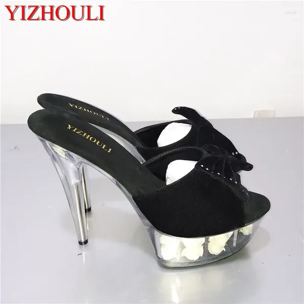 Zapatillas brillantes de 15 cm zapatos de tacón súper alto sandalia de plataforma de 6 pulgadas con gamuza de diamantes de gamuza floral