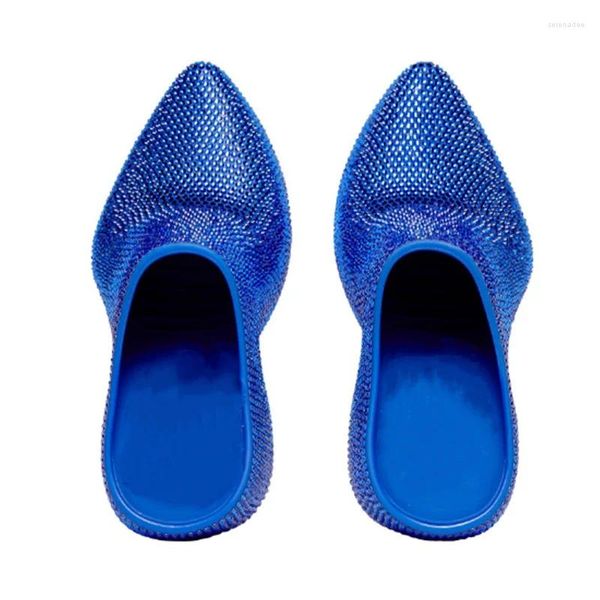 Zapatillas tacón de cristal shinny con mulas sling-on mulas sling diamantes punteado dama de verano azules azules plateados