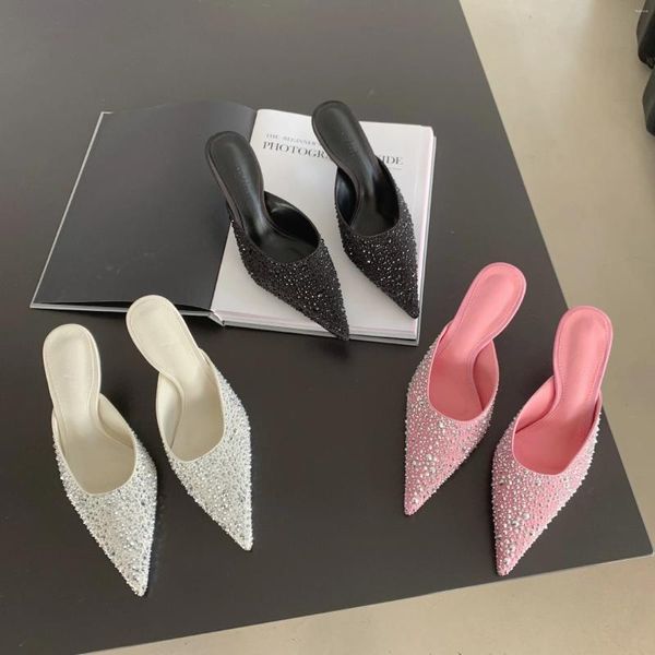 Pantoufles Chaussures Femme Diapositives Mules À Talons Bout Pointu Bas Gelée Tongs Mode 2023 Haute Mince Paillettes Luxe Été Rome Pu