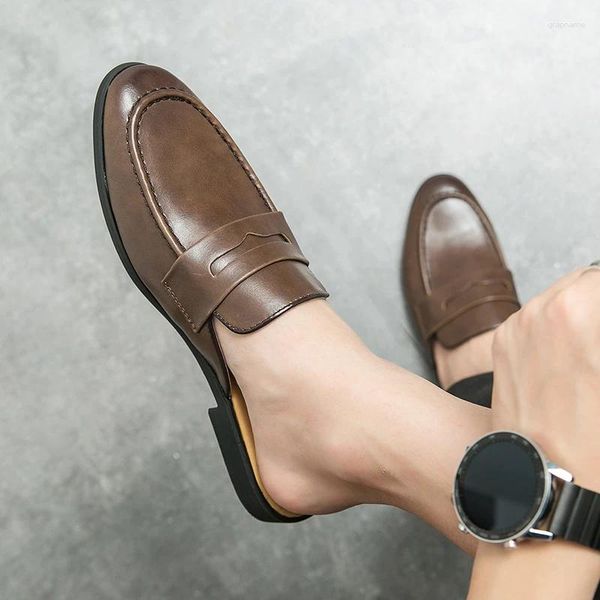 Pantoufles simples en cuir véritable noir pour hommes, demi-chaussures à bout fermé, mules décontractées de styliste, mocassins élégants, sandales