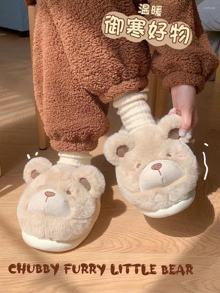 Zapatillas de peluche delgada de invierno para el hogar parejas algodón suave y lindos zapatos de oso bebé hombres Slipper