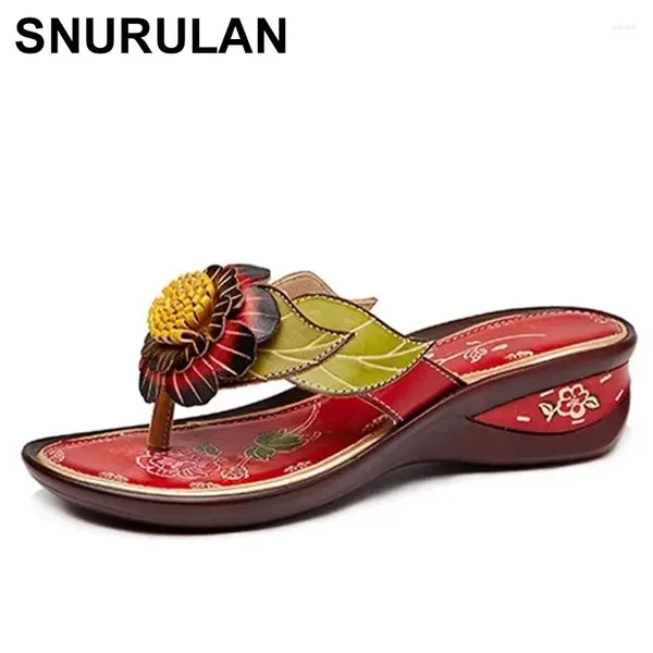 Zapatillas Snurulan Flip Flip 2024 Summer Mujeres zapatos de cuero de cuero genuino Flores de cuero.