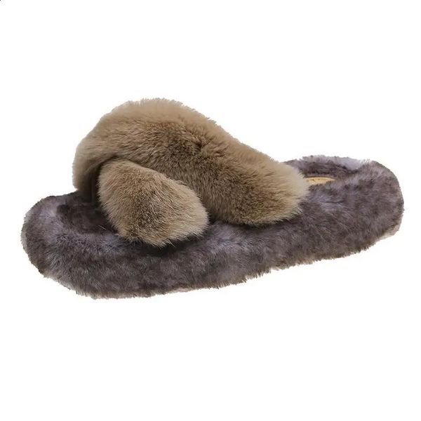 Pantoufles Fond mou lapin cheveux en peluche pantoufles femme fond épais vêtements chauds automne hiver maison pantoufles plates maison chaussures 231110