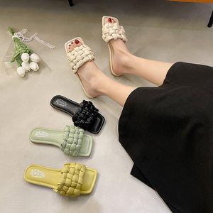 Slippels vast lederen golf strand open teen platte vrouwen schoenen vrouw glijbanen 2023 zomer slipper flip flops plus size maat