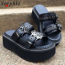 Pantoufles Sorphio été 2023 Double sangle boucles plate-forme compensées mode Got Hot femmes métal sandale pour confortables chaussures noires Z0317