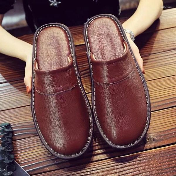 Pantoufles printemps automne chaussures d'intérieur homme femme grande taille 35 46 homme concis marron Simple cuir maison pour hommes