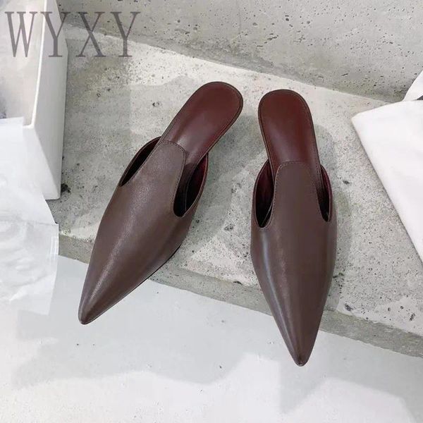 Baotou – pantoufles de printemps en cuir véritable, bout pointu, talon fin, Style concis, confortable, mode Vintage, 2024