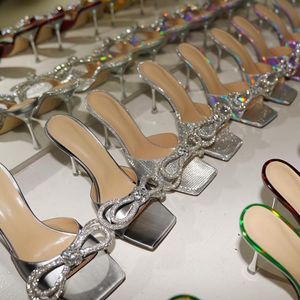Zapatillas Cabeza cuadrada Zapatillas para mujer Sandalias novedosas Arco de moda Diamante de imitación de cristal Diseñadores Diapositivas de satén Zapatos de tacón alto de 9,5 cm sexy
