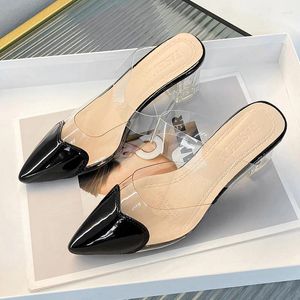 Slippers Square High Heels Femme Chaussures Fashion Slides Mules Casual Leisure Crystal Pointed Toe Summer Plus taille