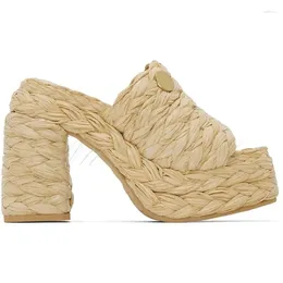 Pantoufles plate-forme carrée paille à l'extérieur femme sandales compensées blanc noir Slingback rond talon épais chaussures de gladiateur décontractées taille 42