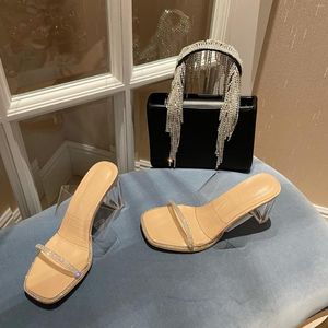 Pantoufles bout carré chaussures femme luxe diapositives gelée tongs mules à talons bas 2023 concepteur été paillettes bloc haute Scanda
