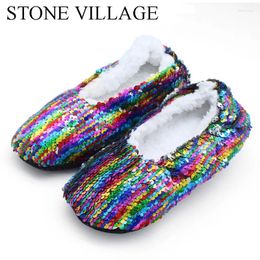 Slippers stenen dorp vrije maat bling mix kleuren pluche slipper schoenen binnen vrouwen zachte bodem huis