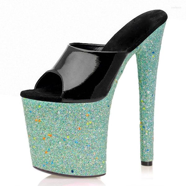 Pantoufles Style lumineux Flash poudre femmes 20CM Super haut décapant à talons pôle danse chaussures 8 pouces nouveauté concis Sexy