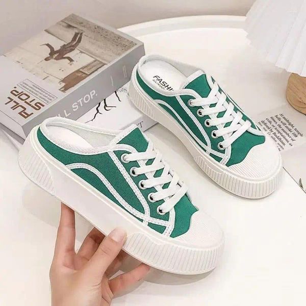 Zapatillas de verano 2024 zapatillas de deporte zapatos deportivos diapositivas sandalias de mujer y damas de algodón plataforma verde mulas gruesas tendencia de estilo coreano