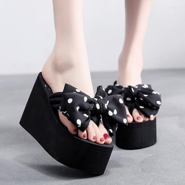 Zapatillas de verano en negro/blanco de 11CM para mujer, sandalias con cuña, tacones superaltos, chanclas a la moda para mujer, bonitos zapatos de fiesta con lazo para mujer