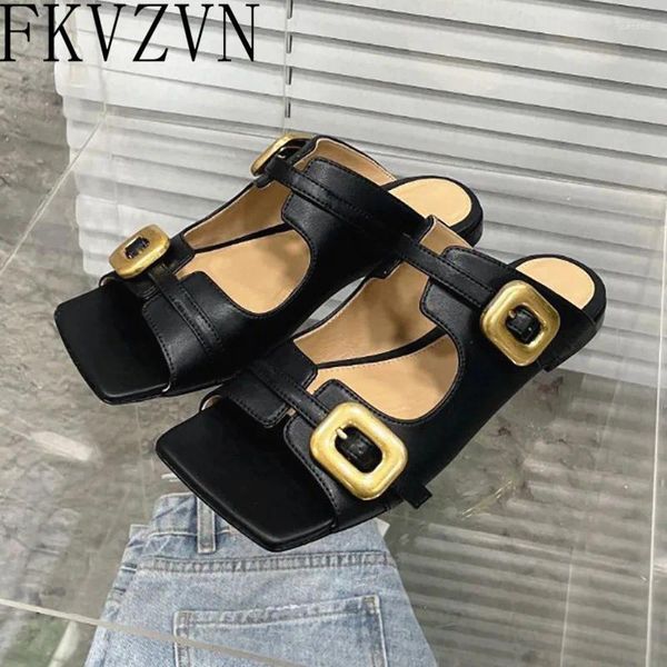 Zapatillas de verano correas de la hebilla de la hebilla de píldoras zapatos de piso resbalada de moda para mujeres sandalias de mula negras retro