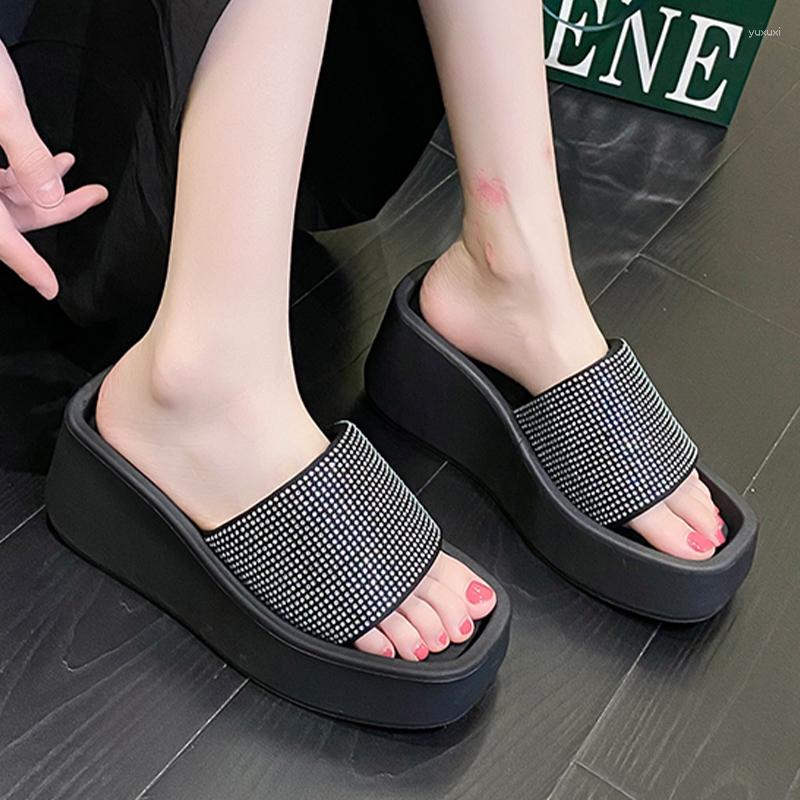 Chinelos verão plataforma de cristal cunhas sapatos femininos casuais sandálias grossas salto alto flip flops slides senhoras 2023