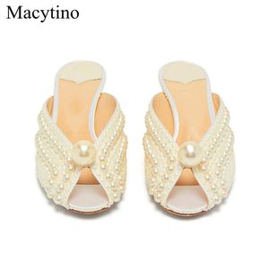 Pantoufles d'été élégantes sandales de perles chaussures habillées femmes blanc chaton talon peep toe plage