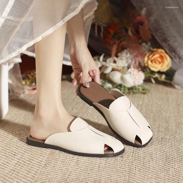 Slippers Summer Elegant Square Fermed Toe FlAt Female Chaussures en cuir décontracté