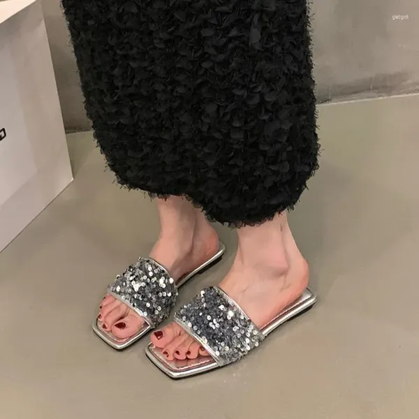 Pantoufles Sandales à paillettes à fond plat d'été pour femmes Design de mode diapositives chaussures femme orteil carré extérieur bling