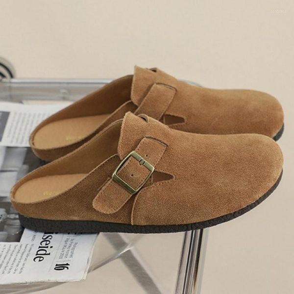 Zapatillas Pisos de verano Mujeres Lazy Half Slipper Vintage Round Toe Cowleather Outdoor Mules Zapatos Mujer